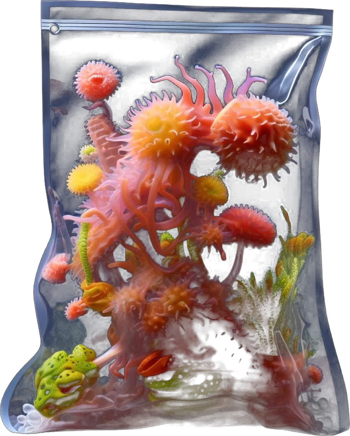 EcoHue Capture micro-trend visual, flora sealed in a plastic bag, by Camilla Caccialanza